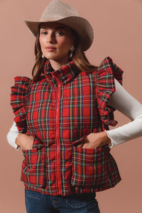 Ruffle Plaid Puffer Vest