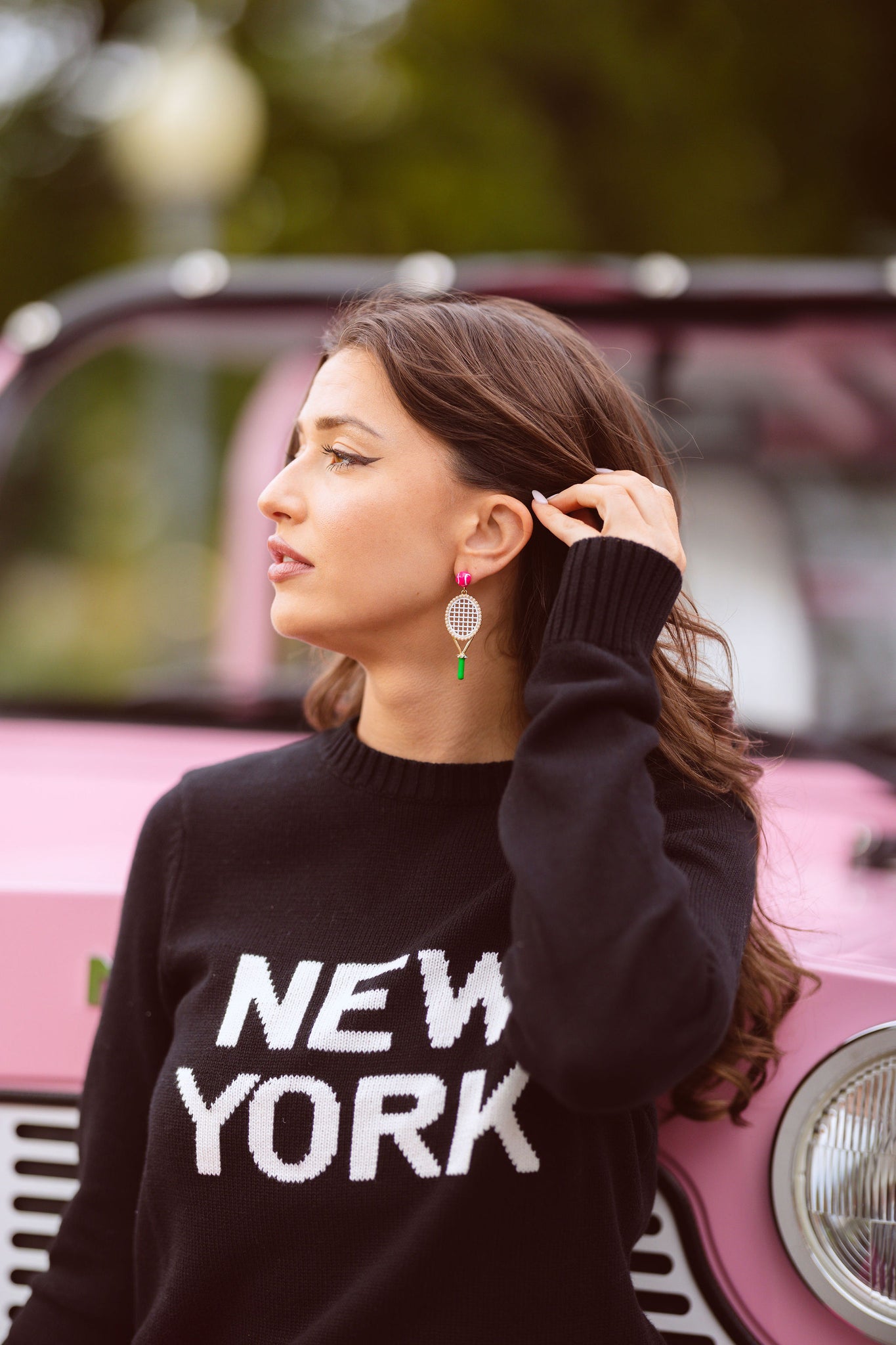 Tennis Racket Earrings in Green & Pink