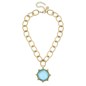 Susan Shaw - Aqua Venetian Glass Horse Intaglio on Gold Chain Necklace