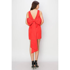 Sleeveless boat neckline with big bow satin mini dress