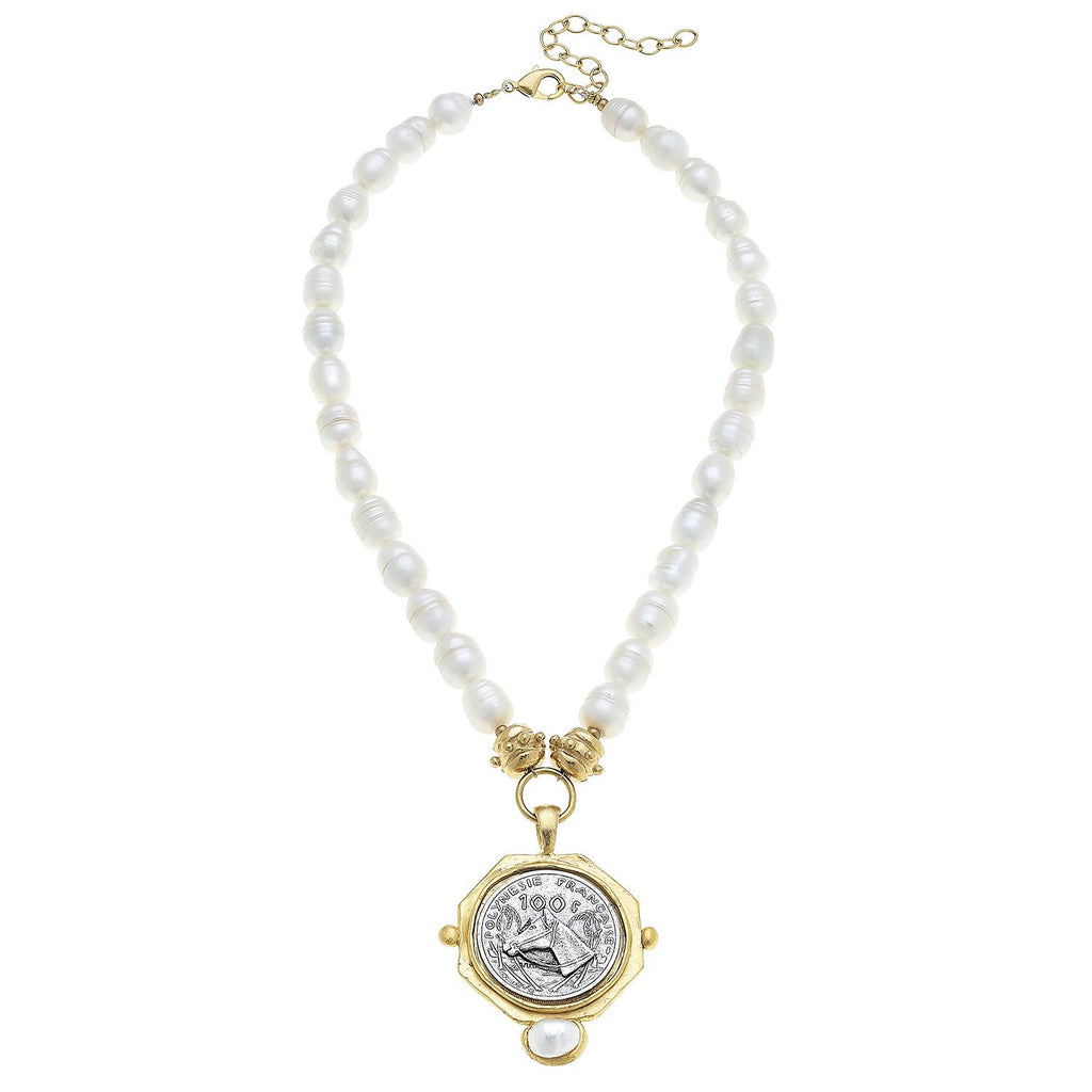 Gold and Silver Horse Franc on Genuine Freshwater Pearl Necklace
