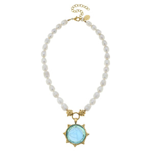 Susan Shaw - Aqua Venetian Glass Horse Intaglio on Genuine Freshwater Pearl Necklace