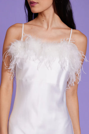 White Feather Trim Slip Dress