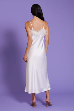 White Feather Trim Slip Dress