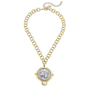 Susan Shaw - Gold and Silver Horse Franc with Genuine Hand Set Freshwater Pearl Chain Necklace