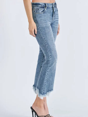 Medium Wash Grinded Frayed Cropped Flare Jean