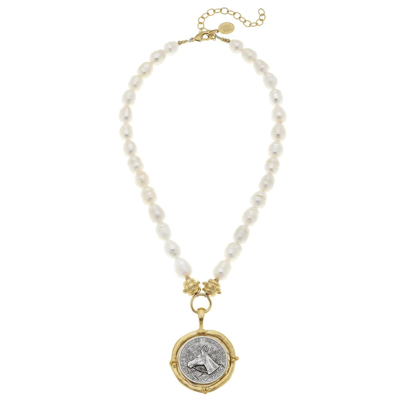 Susan Shaw - Gold and Silver Horse Head on Genuine Freshwater Pearl Necklace