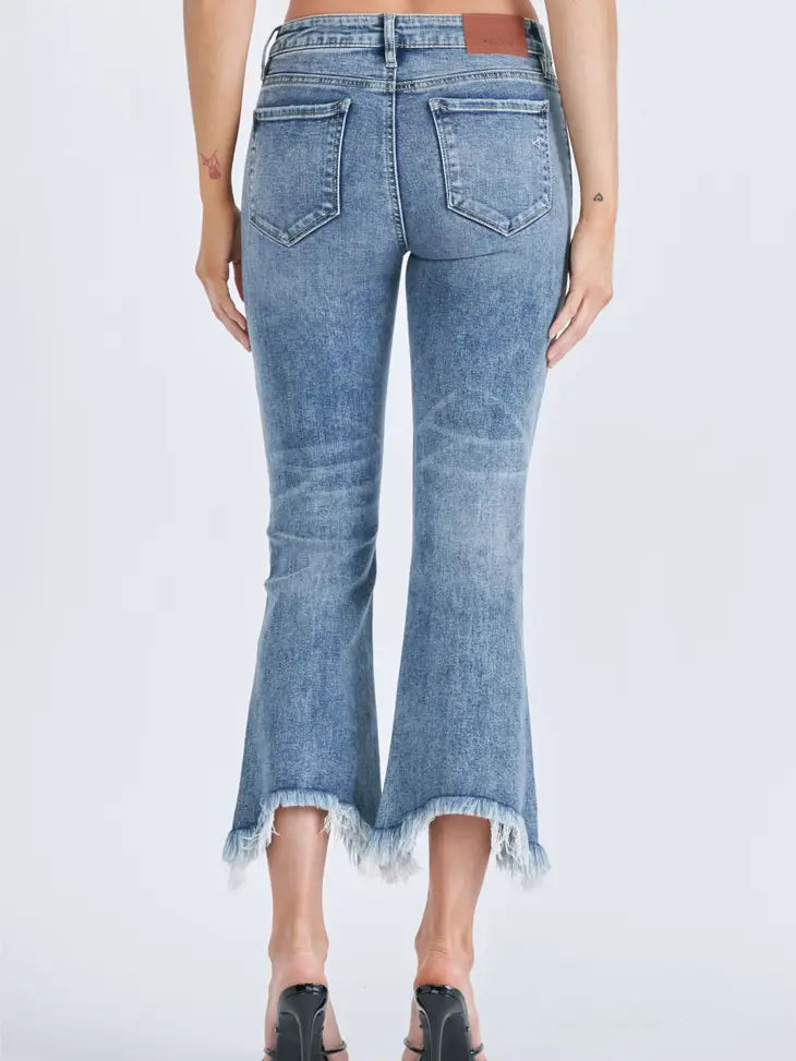 Medium Wash Grinded Frayed Cropped Flare Jean