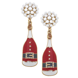 Santa Champagne Bottle Enamel Earrings in Red & White