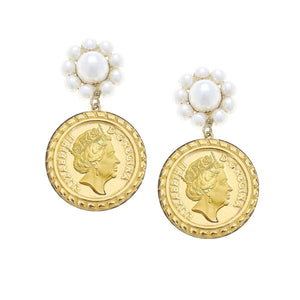CANVAS Style - Queen Elizabeth Coin Pearl Drop Earrings in Worn Gold
