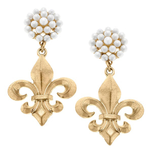 CANVAS Style - Manon Bourbon Fleur de Lis & Pearl Cluster Drop Earrings in Worn Gold