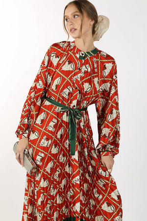 Pleated Horse Print Maxi Dress with Waist