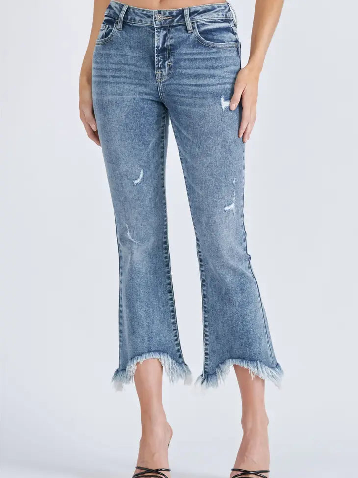 Medium Wash Grinded Frayed Cropped Flare Jean
