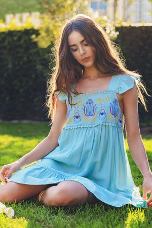 Embroidered flutter Sleeve Dress