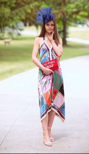 Equestrian Satin Halter Dress Blue/Biege