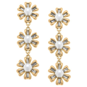 Avery Pearl & Rhinestones Linked Flowers Earrings in Worn Go