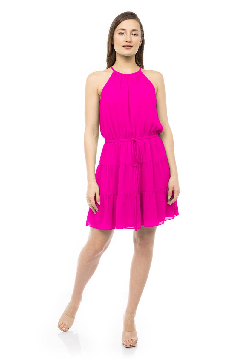 Strappy Neck With Tiered Mini Dress  Hot Pink