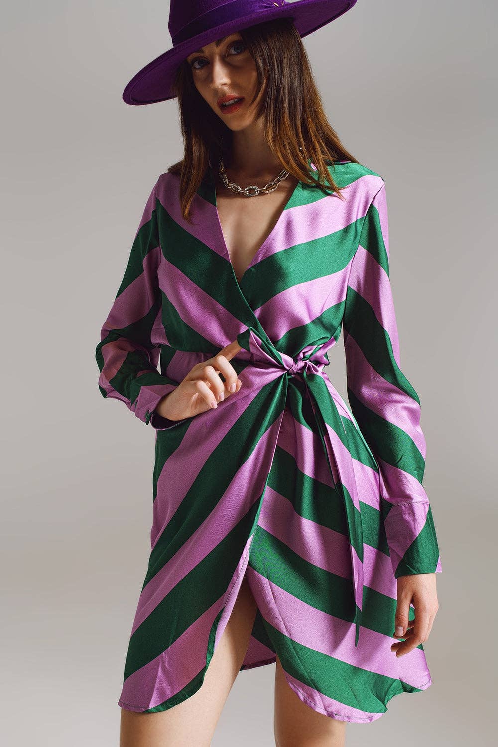Q2 Margaret Shirt Dress Lilac/Green Stripe Large / Purple/Green