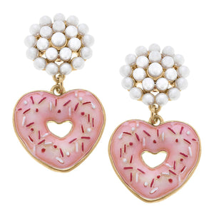 Canvas Style - Heart Sprinkle Donut Enamel Drop Earrings in Pink