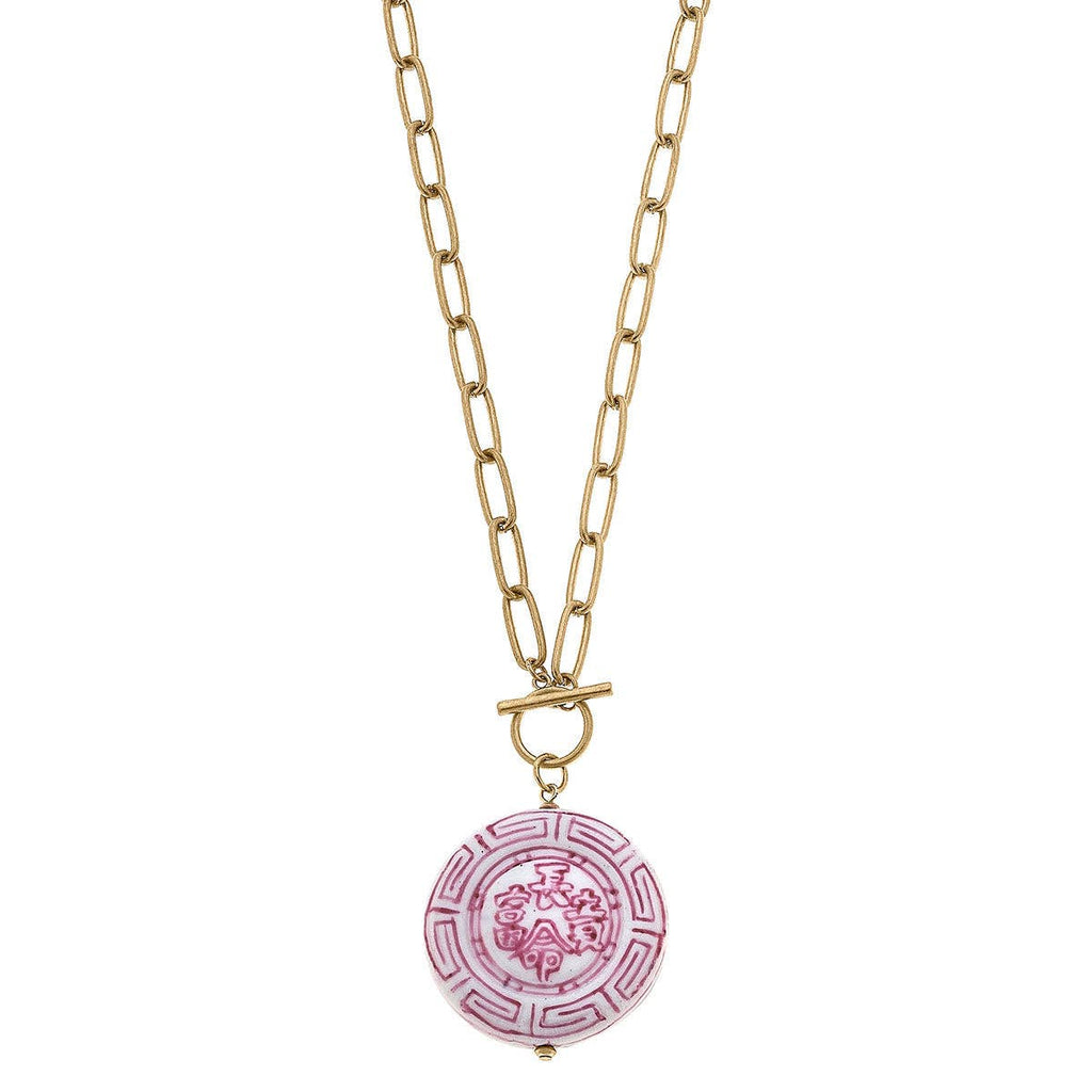 CANVAS Style - Ophelia Pink Chinoiserie Pendant T-Bar Necklace in Pink & White