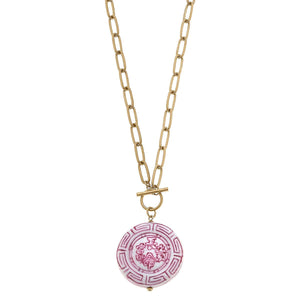 CANVAS Style - Ophelia Pink Chinoiserie Pendant T-Bar Necklace in Pink & White