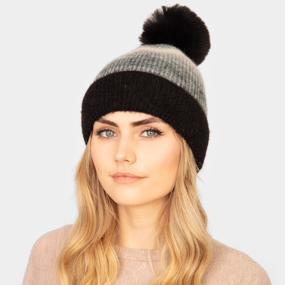 Gray Toned Ombre Pom Winter Hat